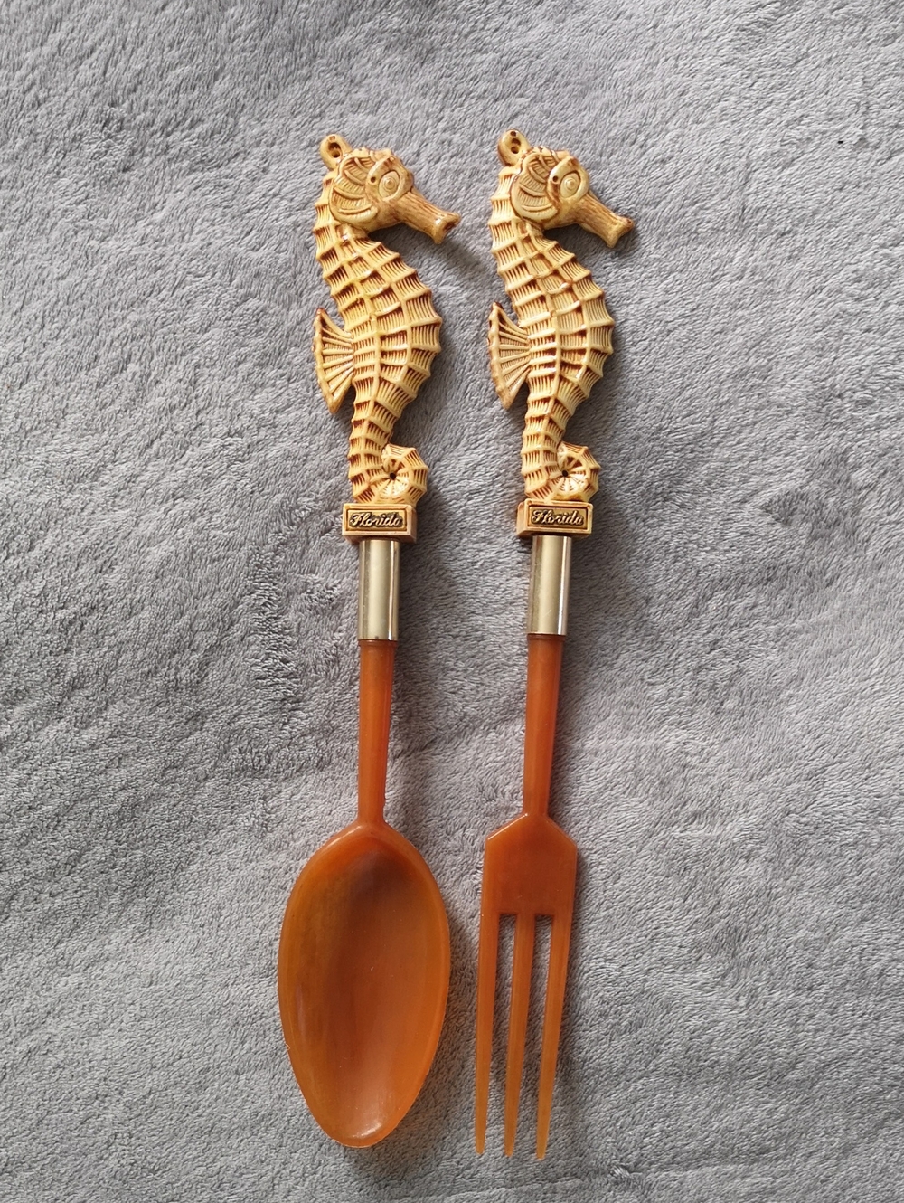 Set of Two Vintage Celluloid Salad Servers with Seahorses from Florida 12"